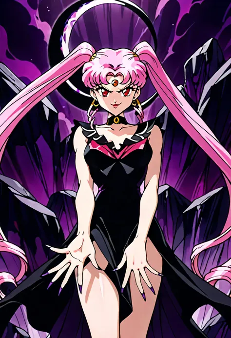 wicked lady from sailor moon, pink hair, red eyes, , black crescent moon mark on forehead, evil smirk,beautiful body,beautiful h...