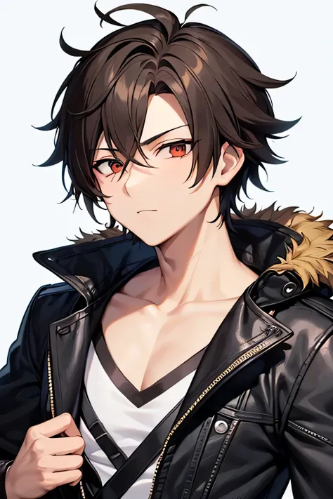 "Create an original anime boy character with medium brown hair in a messy, spiky style. The hair should fall slightly above his eyes, giving him a youthful, energetic look. His face is expressive, with large eyes that convey both determination and kindness...