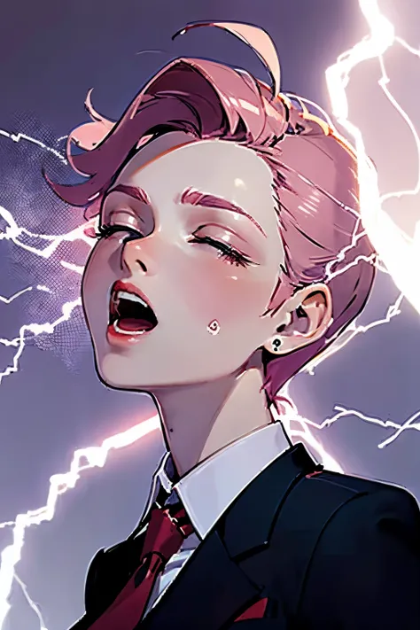 (highest quality:1.2), upper body portrait of A 20-years-old girl, lean her upper body, looking up the ceil. The brutal thundervolt and lightning surrounds her body. Shes been electrocuted. From front view, illuminated by neon light, a photorealistic cute ...