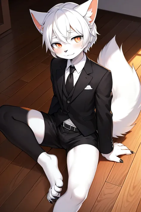 2 black and white cat boy，Furry cat，Black vest，Suit，White shirt，Black Tie，Black shorts，Blue and orange pupils，White forehead，White hair，Fleshy thighs，Black belt tied around thigh，Socks，White socks，Barefoot claws，Wooden floor，Fluffy tail，Pointed ears，Waist，...