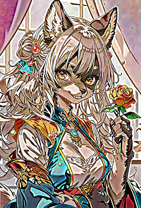 monochrome, watercolor, highres, top quality, best quality, paid reward available, High-quality illustrations, unparalleled masterpiece, perfect artwork, absurdres, 1girl, kemono, furry, detailed body fur, animal face, animal hand, Archaic Smile, holding a...