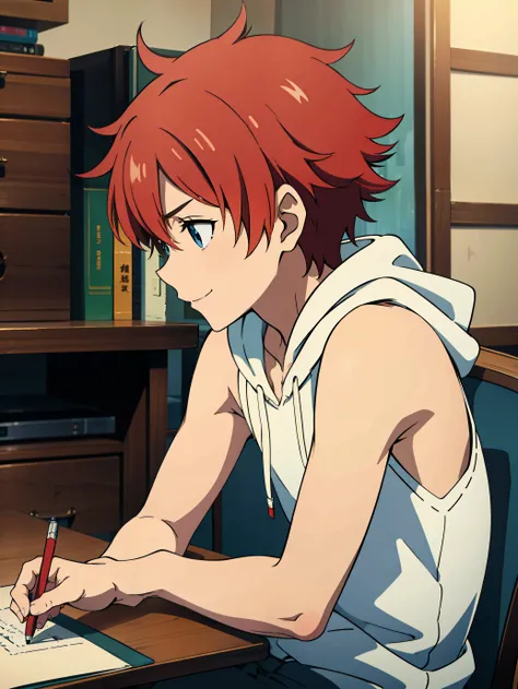 Highres, Masterpiece, Best quality at best,Best Quality,hight quality, hight detailed, Anime style, 1boy, Shota, young boy, Solo person, smile, Red hair, messy hair, sit on the chair, writing, Sleeveless hoodie, Focus on the shoulders, Bare shoulder, Seen ...