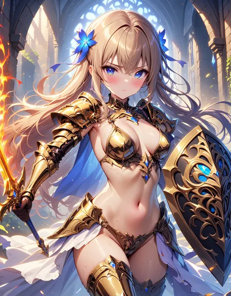 (((Cool female knight)))、(((She wears shiny gold metal bikini armor.)))、Fighting with swords、 Best Quality, masterpiece, Ultra-high resolution、Golden Hair、Long Hair、middle ages、Sexy pose、((Exposed Skasy)、god々Shii、I see a holy aura around my body、((Oily ski...