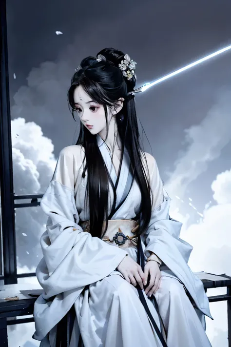 Single，male，sword，Moonlight，Tsudo，Clouds and Smoke，Lan Zhou，飞sword，Horizontal as a mirror，Reflection，Petals Falling，Gongzi is unparalleled in the world，sword仙，Black pupil，Intricate and complex hair，Inky black hair，Blue and white loose clothing，Gongzi is un...