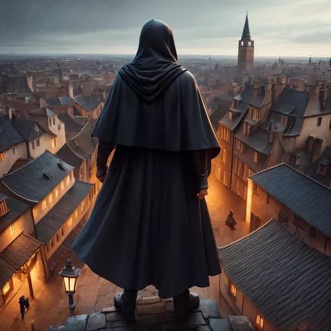 a dark hooded man standing on a rooftop in a medieval town, powerful, 1 man, side view, overlooking the town, pointing the town, medieval town, raining, moody atmosphere, cinematic, 8k , fantasy style, highly detailed