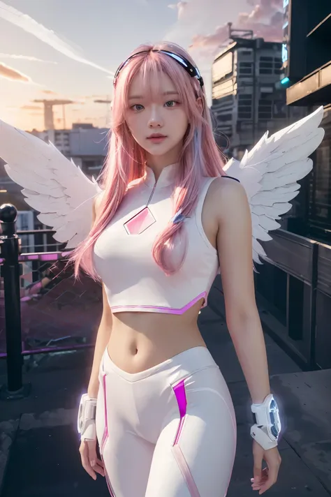 ((masterpiece, best quality, extremely detailed), volumetric lighting, ambient occlusion, colorful, glowing),
1girl, solo, young girl, (pink hair), long hair, halo, aura, sacred, godness, cyber suit, (white outfit:1.3), android, bot, angel wings,
outdoors...
