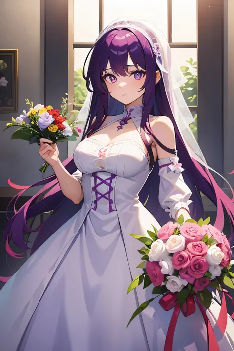 A girl with long purple hair，There is a short red hairband on the right side of the head，Purple pupils，Wearing a white wedding dress，Holding a bouquet of pink flowers in front of the chest，The chest size is an E cup