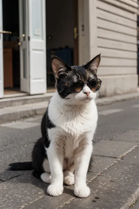 ((best quality)), ((masterpiece)), (detailed), a simple potrait of a black and white stripes pattern cat with a round frame sunglasses in the street side