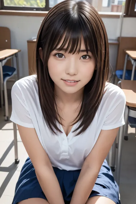 Around ,A male and female couple embrace each other in a face-to-face sitting position in a summer school classroom,She has had sex before and looks relaxed,Provocative