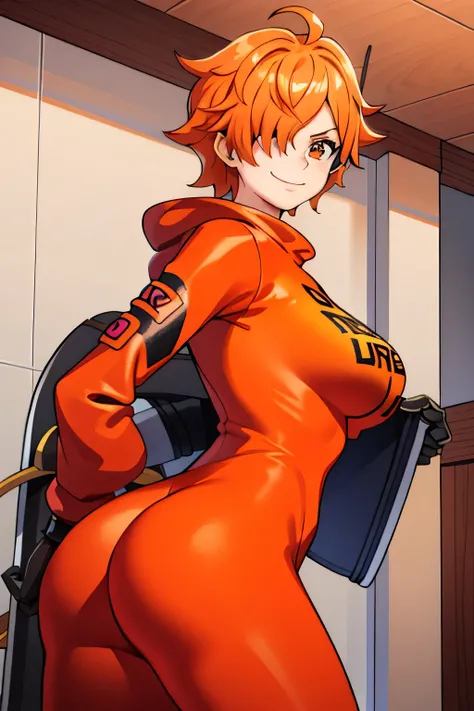 score_9, score_8_up, source_anime, best quality, lilith, orange hair, orange eyes, short large breasts, standing, looking at viewer, spandex suit, pink clothes, smile, indoor, cowboy shot, low angle, from behind, big ass, detailed face, pink suit