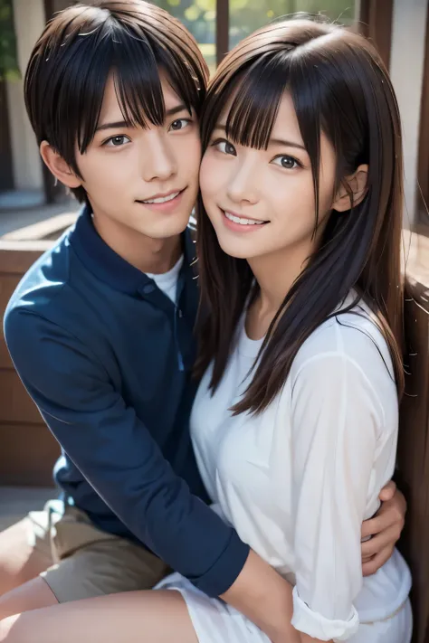 Around ,A male and female couple embrace each other in a face-to-face sitting position,She has had sex before and looks relaxed,An expression that treats adults like children