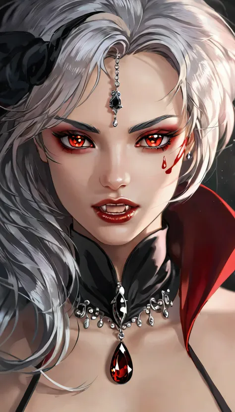 a portrait of vampire with a bloody tear coming down from he eye, an exotic beautiful female vampire, white hair color, dynamic ...