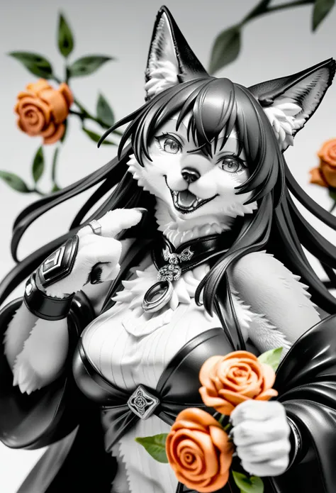 rating_safe, score_9, score_8_up, score_7_up, score_6_up, score_5_up, score_4_up, hires, monochrome, watercolor, cover page, absurdres, perfect anatomy(1girl, kemono, furry, detailed body fur, animal face, animal hand)Archaic Smile, holding a cluster of or...