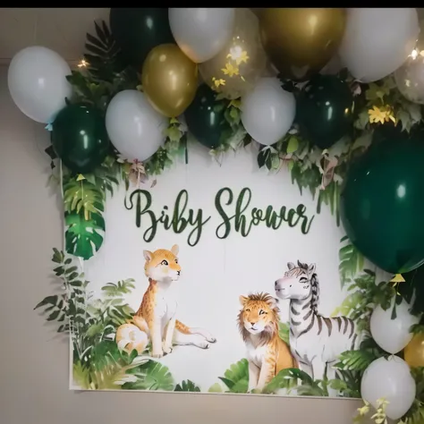 a close up of a baby shower sign with balloons and jungle animals, forest themed, 🐎🍑, beautiful high resolution, forest theme, hight decorated, forest backdrop, 🌻🎹🎼, the jungle at the background, 2020, 2 0 2 0, in a jungle environment, (digital art), green...