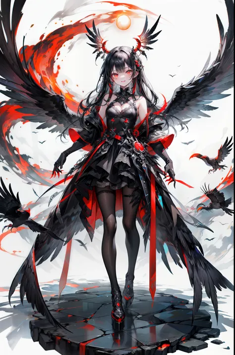 Long Black Hairアートステーション, White Background, Standing in the Wilderness,whole body、Equipped with Crow Gauntlets、Long Black Hair、A triumphant smile、Small breasts、, As if smoke and shadows were given shape, Wings made from giant crows, Dancing crow feathers, ...