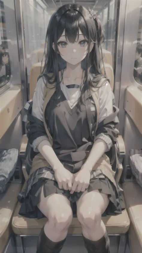 Sitting in a train seat,cross her legs,High school girl, High school girl, sitting in a train seat, I sat on the train,wearing skirt and loose socks and sneaker, By subway, Black Hair Girl, shinsui ito, Anime atmosphere,((Loose socks)),((Black sneaker)).