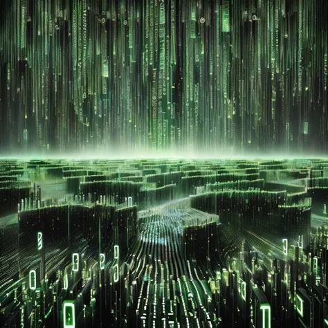 a close up of a digital image of a field of numbers, green matrix code, matrix code, wires from the matrix movie, surreal cyberspace, matrix symbols in the background, data holograms, corrupted data, large cyberarrays data holograms, the encrypted metavers...