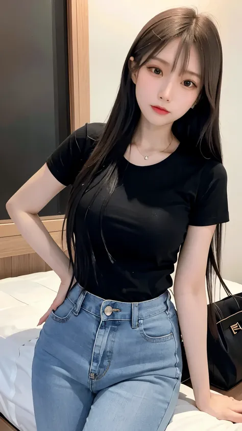 A sexy Korean female collage student, wearing deep blue skinny jean, wearing T-shirts, whole body