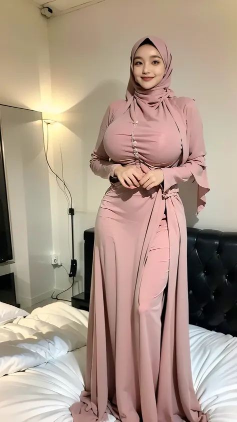  a beautiful young woman hijab, (((super big breast))), (very big breast covered) perfect face, (((very huge big breast,))), ((( Big Breast))) long dress muslim, (((covering mouth, long veil))), Slim Face、30 years old, still young, Pretty Lady,  smile eyes...