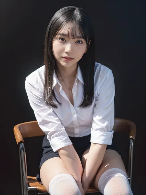 (((Wearing only a dress shirt and knee-high socks))), ((dress shirt)), (knee-high socks), 1girl, 25years old woman, (perfectly detailed face), Small breasts, medium breasts, Slim body, ((looking at viewer)), Simple Background, ((dark background)), ((dark w...