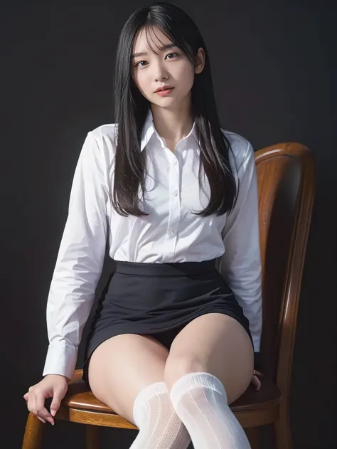 (((Wearing only a dress shirt and knee-high socks))), ((dress shirt)), (knee-high socks), 1girl, 25years old woman, (perfectly detailed face), Small breasts, medium breasts, Slim body, ((looking at viewer)), Simple Background, ((dark background)), ((dark w...