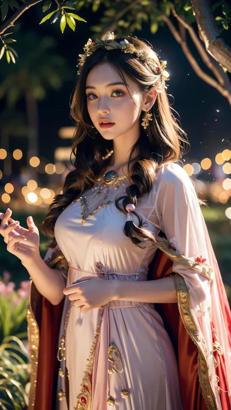 8K, UHD, Masterpiece, 1 girl, good face, detailed eyes, detailed lips, very long hair, beautiful hairstyle, ((garden party dress)), pink dress, ((mesh sardine)), ((detailed ornaments)), stocking, ((messy cape)), flowing cape, in the garden, decorated tree,...