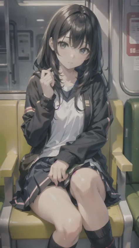 Sitting in a train seat,cross her legs,High school girl, High school girl, sitting in a train seat, I sat on the train,wearing skirt and loose socks and sneaker, By subway, Black Hair Girl, shinsui ito, Anime atmosphere,((Loose socks)),((Black sneaker)).