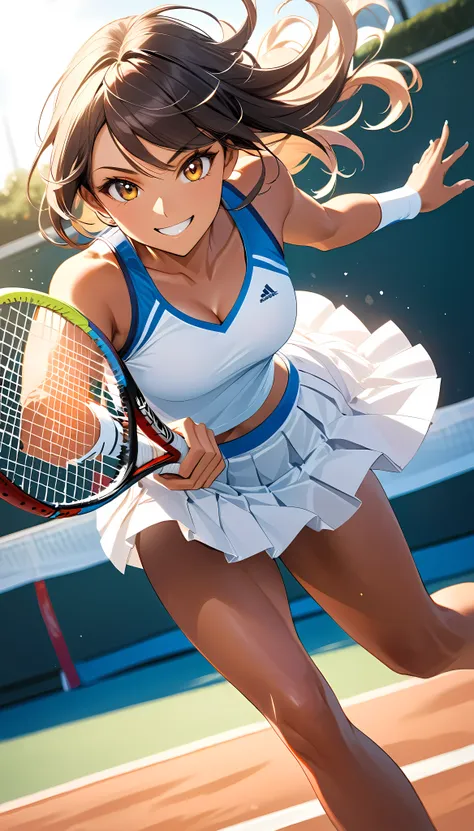 beautiful feet, healthy tanned skin, 
tennis player, alone, 
the fascinating side, 
colorful trade colors, 
a pure white pleated...