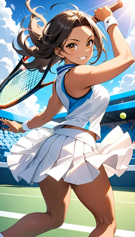 beautiful feet, healthy tanned skin, 
tennis player, alone, 
the fascinating side, 
colorful trade colors, 
a pure white pleated...