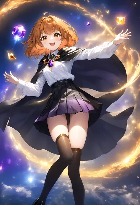 Colette、A lively only daughter, Bright and happy、smile、Orange medium length hair、Brown eyes、Black mini pleated skirt、White shirt、Black cape with purple jewel clasp、Black leather shoes、Black thigh-high socks、Earth Magic、Magic School、(masterpiece:1.2), (Beau...