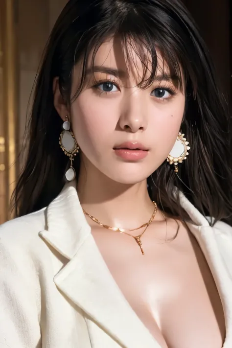 High resolution、masterpiece、Textured skin、high quality、超High resolution、politician, Very detailed、woman、Looking at the camera、(Big Breasts:1.1)、(Cleavage:1.0), (sagging breasts:1.0), Perfect Style、white jacket, suit, necklace, earring, parliament badge,