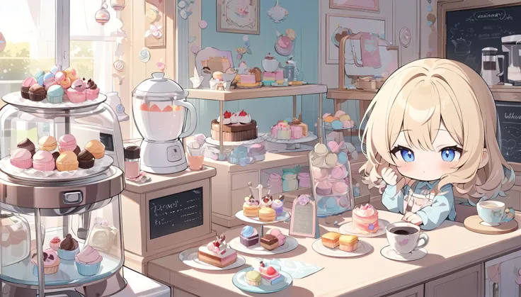 masterpiece, Very detailed, (Chibi:1.3), , (One girl), Blonde, Pastel colors, Cozy atmosphere, Dessert display case, Macaroons, cupcake, tart, cake, Coffee maker, Blackboard Menu, Natural Light, Glass jar filled with candy, Frosted window glass, Decorative...