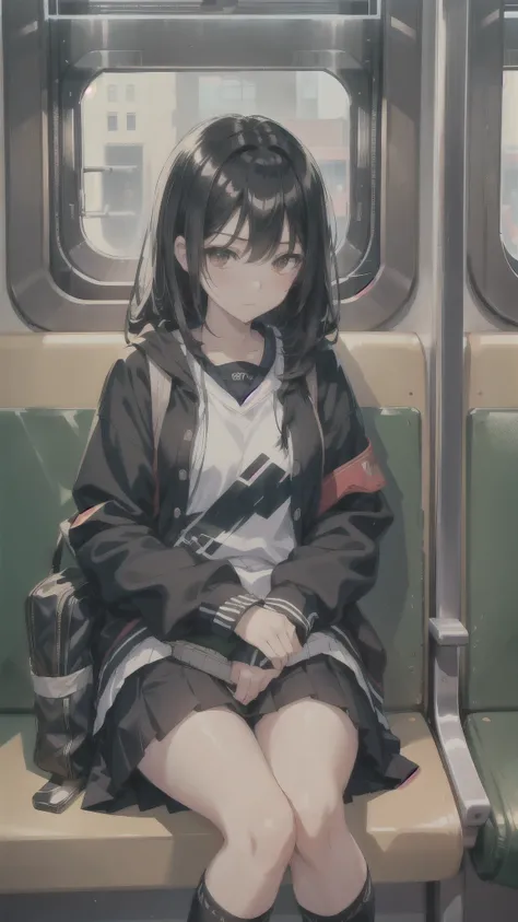 Sitting in a train seat,cross her legs,High school girl, High school girl, sitting in a train seat, I sat on the train,wearing skirt and loose socks and sneaker, By subway, Black Hair Girl, shinsui ito, Anime atmosphere,((Loose socks)),((Black sneaker)).