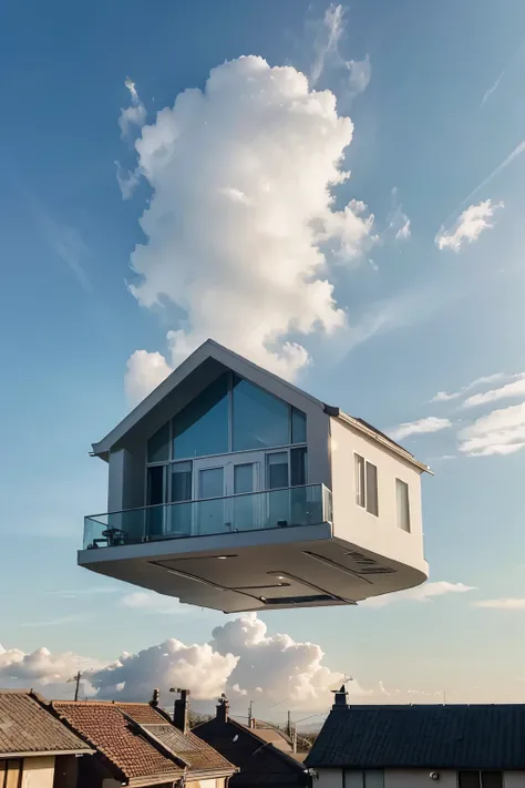 a house floating in the sky above a cloud, the house looks shiny, It is modern and very well maintained.. The windows and doors are bright and you can see a light that surrounds her warmly.. It has a realistic but also magical look.