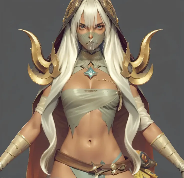 Close-up of a tanned woman in costume holding a sword, Brown-skinned female characters, Desert Fighter Ancient Mage, Ultra-detailed fantasy characters, Neil, White-haired deity, Neil autoamata, WLOP&#39;s painting style, Close-up characters, Gorgeous bikin...