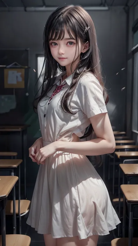 a beautiful cute little school girl in srilanka, detailed white frock, standing in a classroom, cinematic lighting, hyperrealistic, photorealistic, 8k, masterpiece, warm colors, natural lighting, detailed school uniform, detailed facial features, beautiful...