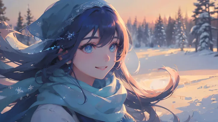 (a beautiful young woman with long blue hair wearing a scarf, smiling warmly, surrounded by snow, soft warm lighting, best quality, 8k, ultra-detailed, photorealistic, masterpiece:1.2, vibrant colors, ethereal, serene, peaceful, tranquil)