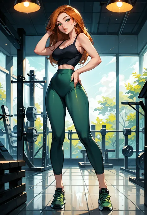 Dark Fantasy Art of score_9, score_8_up, score_7_up, rating_questionable, fantasy, lighting, epiCPhoto 1girl, very sexy (Kim Possible:1.1), beautiful waifu, yogapants, dark green yoga pants, standing in gym, long legs, sneakers, round butt, thicc, solo, cu...