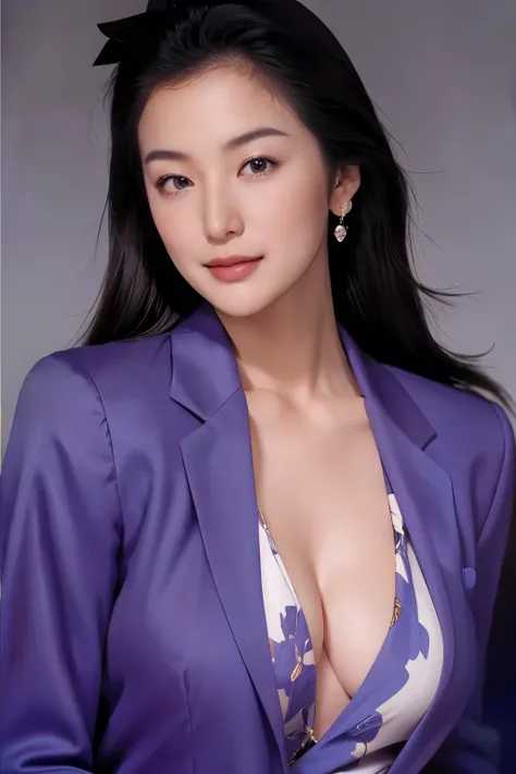 High resolution、masterpiece、Textured skin、high quality、sexy, (SFW1:0), 超High resolution、politician, Very detailed、woman、Looking at the camera、(Big Breasts:1.2)、(Cleavage:1.3), (sagging breasts:1.0), Perfect Style、purple jacket, white suit, necklace, earrin...