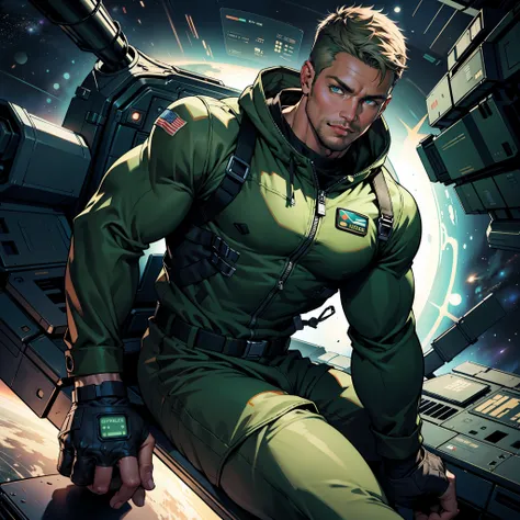 32k,masterpiece, best quality, detailed face, natural eyes,1man, solo mature man, muscled and mature, stephen amell as an astronaut wearing future space suit, dark green suit, showing muscles and bulge ,floating in the space inside a space shuttle , with "...