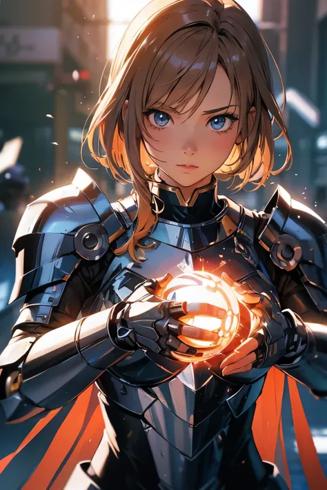 Anime girl holding a glowing ball in her hand, Girl in Armor, Girl wearing mecha cyber armor, Female protagonist, Female protagonist 👀 :8, Detailed digital anime art, Perfect anime cyborg woman, portrait of Female Paladin, Girl in knight armor, Epic light ...