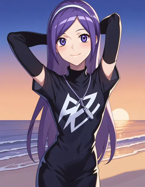 aono miki, long hair, purple hair, purple eyes, white hairband, black shirt, turtleneck, long sleeves, white t-shirt, short sleeves, t-shirt dress, high quality, shiny skin, solo, blushing, night sky, beach, arms behind head, {contrapposto}, closed mouth, ...