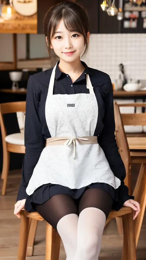 1 girl, Alone, Nino Nakano, Light brown hair, Butterfly Hair Ornament, (White apron), Big Breasts, Clevis, Thighs, Cafe Background(:1.3), sitting on a chair with legs wide open, Pantyhose