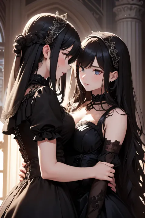 Baroque, Gothicta, cute, (((Two Girls))), whole body,  Black Dress, Absurd, White lace, ((High resolution, Super detailed, Most detailed)), See each other，(Eye contact),Couple　Lesbian　Yuri