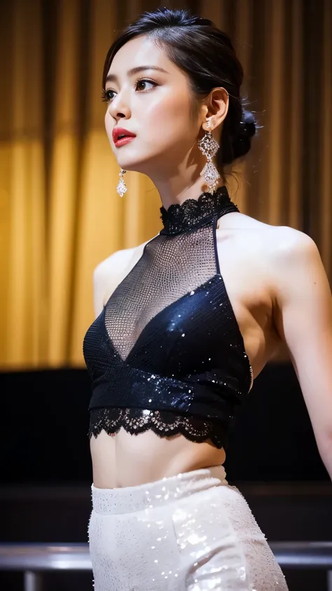 masterpiece of the highest quality, Alone, 1 girl, Glowing Skin, Shiny Earrings, glamorous, Wacky details, Slicked back hair, Charming, Bare Shoulder, Sheer lace crop top, Tight skirt, Shallow depth of field, Contrasting, Professional Model, Facing forward...