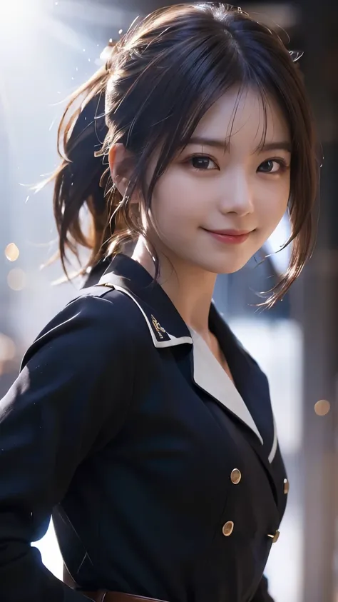 (Best Quality,masterpiece:1.3,Ultra-high resolution),(Very detailed,Caustics,8k),(Realistic:1.4,RAW shooting),1 girl,(Smiling and looking down at the camera),(Front shot:1.1),(Look forward),1,cute,Japanese,Black short ponytail,uniform,glamorous,(Big Boobs)...