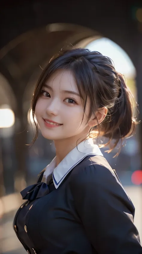 (Best Quality,masterpiece:1.3,Ultra-high resolution),(Very detailed,Caustics,8k),(Realistic:1.4,RAW shooting),1 girl,(Smiling and looking down at the camera),(Front shot:1.1),(Look forward),1,cute,Japanese,Black short ponytail,uniform,glamorous,(Big Boobs)...