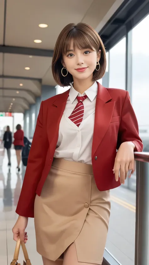 Show me the woman who will amaze everyone..、Fitted navy blue striped pattern、The collar should be a little more open、Looking up from the waist、Shortcuts、Bob Hair、He looks very happy、Looking straight ahead with a bright smile、Arms crossed、The lips are a lit...