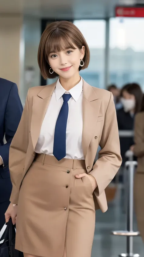 Show me the woman who will amaze everyone..、Fitted navy blue striped pattern、The collar should be a little more open、Looking up from the waist、Shortcuts、Bob Hair、He looks very happy、Looking straight ahead with a bright smile、Arms crossed、The lips are a lit...