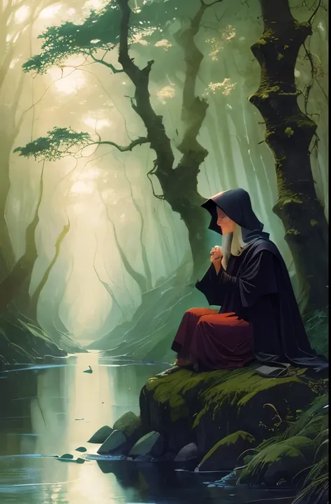 arafed image of a person sitting on a rock near a river, by Randolph Schwabe, witch, a witch, witchy, witch in the woods, by Carlos Schwabe, dark robed witch, by Jakub Schikaneder, by Franklin Booth, by charles vess, by Pablo Munoz Gomez, # mist # horror #...